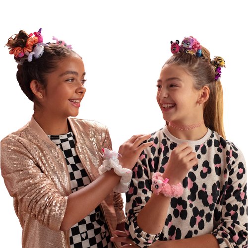 Scrunchmiez 4 Pack Party Friendz Pack, 4 Exclusive That Magically Transform from Hair Scrunchie to Cute Plush Collectible Friend as Well as Backpack Clip.