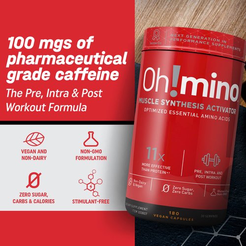 Oh!mino Oh! Nutrition Muscle Synthesis Activator, Electrolyte Capsules with Essential Amino Acids & 100mgs of Pharma-Grade Caffeine, Pre Workout, Post Workout for Men and Women, 180 Vegan Capsules