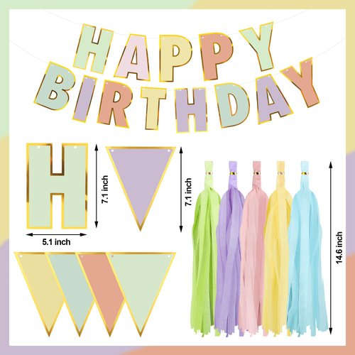Macaron Happy Birthday Banner Pastel Birthday Party Decorations Happy Birthday Banner Triangle Flags with Paper Tassel Garland for Women Girls Party Supplies