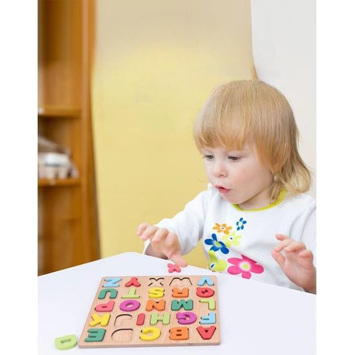 Generic Montessori-style wooden alphabet puzzle for kids. Encourages letter recognition, stacking, and learning through play. Ideal for toddlers and preschoolers.