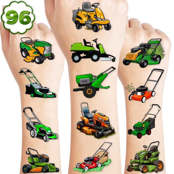 100 PCS Lawn Mower Temporary Tattoos Themed Birthday Party Decorations Favors Decor Supplies Tractor Lawnmower Grass Farm Tattoo Stickers Gifts For Game Kids Boys Girls Classroom School Prizes