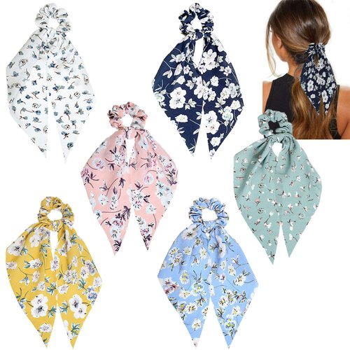 Funlovin 6pcs Scarf Scrunchies for Hair Ties Scarves Scrunchie Chiffon Floral Hair Ribbon Long Ta...