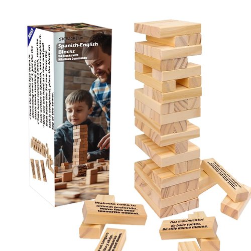 Magictodoor Spanish Stacking Tower Game | Bilingual Block Game for Kids Adults | Perfect for Family, Classroom | 54 Blocks with Hilarious Commands | Ideal Board Game