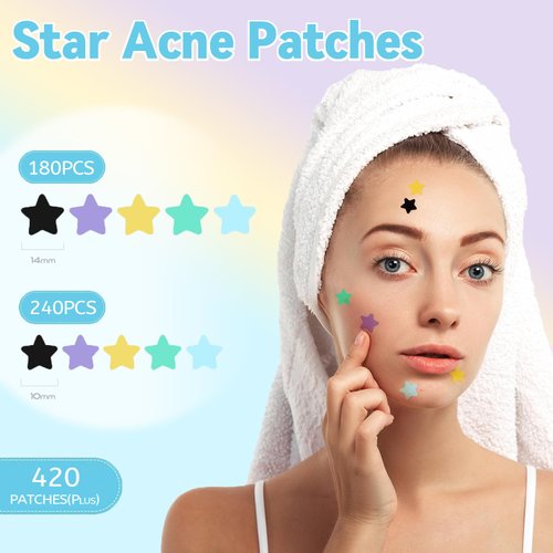 Waspot Pimple Patches for Face, Cute Star Zit Covers, Stars Hydrocolloid Acne Patch, Colorful Stickers with Tea Tree, Salicylic Acid & Cica Oil (10mm&12mm) 420 Count