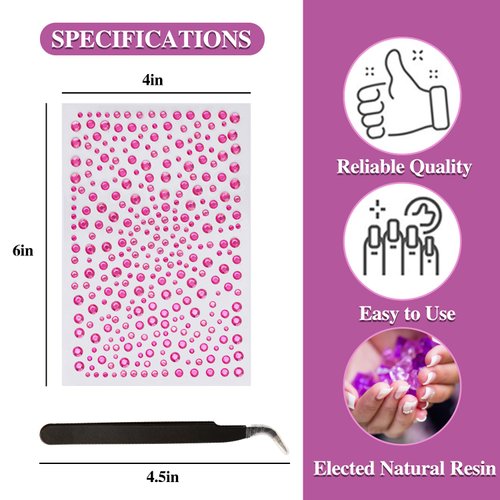 3 Sheets Face Gems Self Adhesive Rhinestones Stick on Face Jewels Stickers Decorations for Face, Makeup, Nail, Crafts (Rose Red)