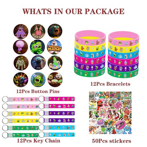 MVMVMVV Monster Party Favors Monster Party Supplies Include 12 Bracelets-50 Stickers-12 Button Pins-12 Keychain for Monster Party Decorations…