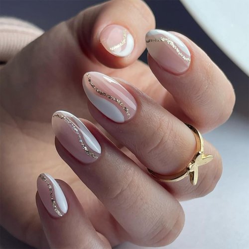 AkiliBIELY Short Press on Nails Almond White Bare Gold Curve Fake Nails Medium Bling Glue on Nails Women Stick on Nails For Acrylic Gel False Nails Wedding Birthday