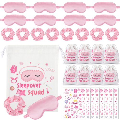FRESHME SPA Sleepover Party Supplies - 8 Sets 32 Pcs Pink Slumber Party Supplies Birthday Favor with Silk Sleep Mask Satin Hair Scrunchies Temporary Tattoos and Sleepover Squad Drawstring Bag Kits