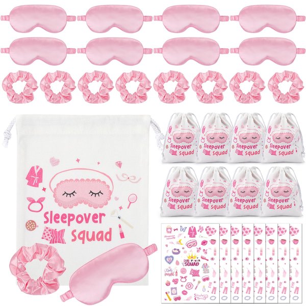 FRESHME SPA Sleepover Party Supplies - 8 Sets 32 Pcs Pink Slumber Party Supplies Birthday Favor with Silk Sleep Mask Satin Hair Scrunchies Temporary Tattoos and Sleepover Squad Drawstring Bag Kits