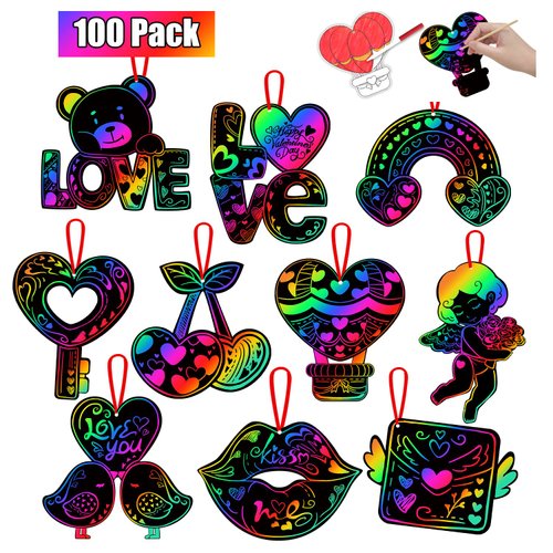 PARTYWIND 100 Pack Valentine's Day Scratch Paper Art for Kids, Magic Valentines Crafts for Classroom Exchange Games Activity, Valentines Decorations Ornaments for Party Supplies