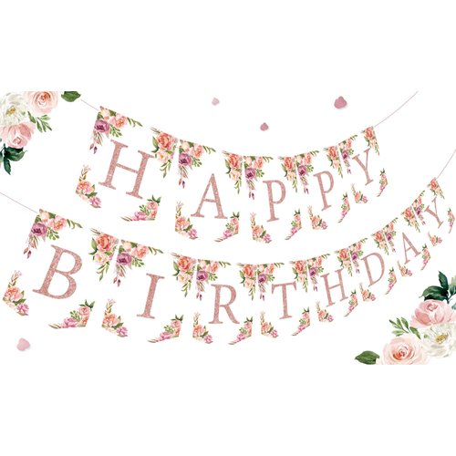 Rose Gold Floral Birthday Decorations for Women Girls - Floral Theme Glittery Happy Birthday Bann...