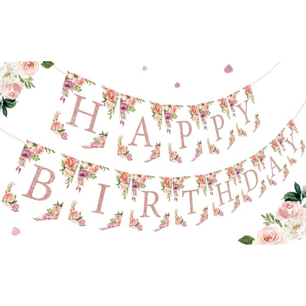 Rose Gold Floral Birthday Decorations for Women Girls - Floral Theme Glittery Happy Birthday Banner for Home Wall Mantel Window Birthday Party Supplies