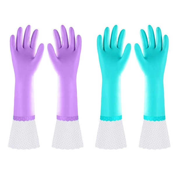 Elgood Reusable Long Dishwashing Cleaning Gloves with Latex Free, Long Cuff,Cotton Lining,Kitchen Gloves 2 Pairs,Purple+Blue Medium