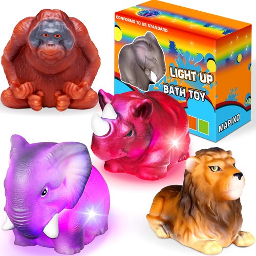 Mold Free Light up Bath Toys, No Hole Realistic Wild Animals Bathtub Toys for Toddler Kids Baby Ages 1-3, Flashing LED Changing Color in Water, Birthday Gift, Floating Bathroom Tub Swimming Pool Party