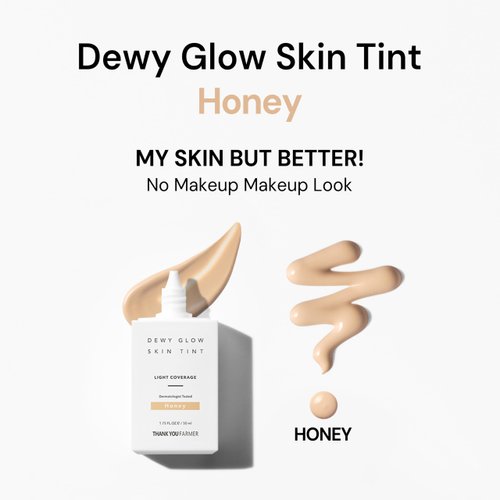 THANK YOU FARMER Dewy Glow Skin Tint, Long-Lasting Tinted Moisturizer, Light coverage, Vitamin B3, Niacinamide, Adenosine, Korean Beauty Makeup Dermatologist Tested, Honey, 1.75 fl oz