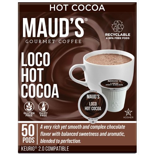 Maud's Dark Hot Chocolate Pods, 50ct. | Single Serve Gluten & Dairy Free Hot Cocoa | 100% California Blended Hot Chocolate | Solar Energy Produced Recyclable Pods Compatible with Keurig K Cups Maker