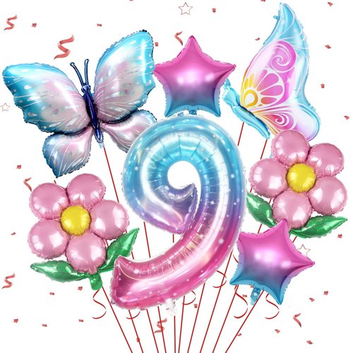 Butterfly Balloon 9th Birthday Decorations,Butterfly Balloons Colorful Gradient Pink Butterfly Foil Mylar Balloon for Fairy 9th Birthday Party Decorations Girl Party Supplies Baby Shower