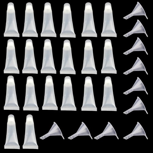 Leadigol 20 Pieces Empty Tubes + 10 Pieces Plastic Funnels,Cosmetic Clear Containers Tubes 10ml Lip Gloss Balm Sunscreen Cream Portable Travel Bag Clear Makeup Sample Jar
