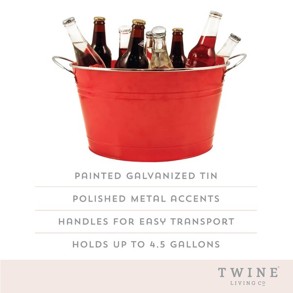 Twine Big Red Ice Bucket - Galvanized Metal Drink Beverage Tub for Home Parties, Country Home Wine And Beer Chiller, Holds 4.5 Gallons