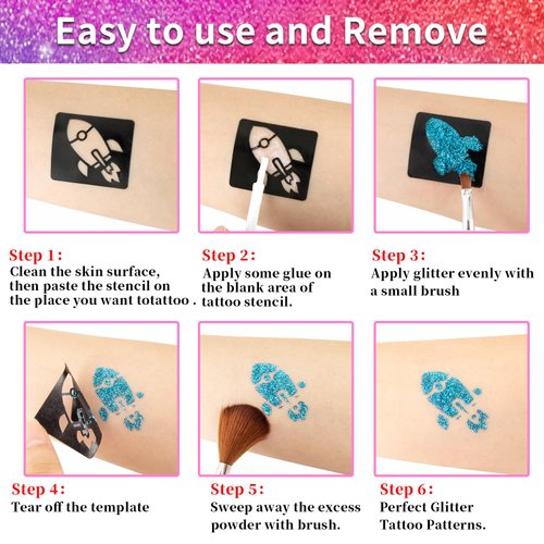 Temporary Glitter Tattoos Kids,32 Glitter Colors and 6 Fluorescent Colors,209 Stencils,2 diamond stickers,3 Glue,5 Brushes,Adults and Kids Arts Glitter Kit,Wonderful Holiday Gifts for Girls & Boys.