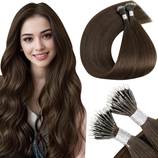 LaaVoo Nano Ring Hair Extensions Human Hair Medium Brown Nano Bead Hair Extensions Human Hair Cold Fusion Brown Nano Tip Hair Extensions Human Hair 50g/50s 20in