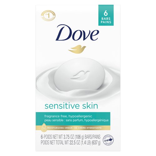 Dove Beauty Bar More Moisturizing Than Bar Soap for Softer Skin, Fragrance-Free, Hypoallergenic Beauty Bar Sensitive Skin With Gentle Cleanser 3.75 oz, 6 Bars