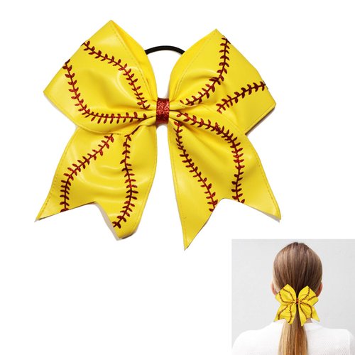 Leather Softball Hair Bows 7 inch,Softball Cheer Hair Bows for Girls,Elastics Hair Ties Bands Ponytail Holder Ribbon Accessories,Sports Softball Gifts for Girls (softball)