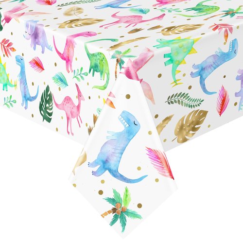 HaPiBiDesign Girl Dinosaur Birthday Party Tablecloth - Pink Dinosaur Plastic Disposable Table Cover - Girl Dinosaur Party Supplies (1, 54'' x 108'')