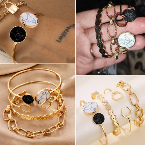 17IF 25 PCS(6 Pack) Dainty Boho Gold Chain Bracelets Set for Women Girls Stackable Chunky Multipack Layered Bangles Adjustable Flat Cuff Cuban Punk Charm Bracelet Bundle Jewelry