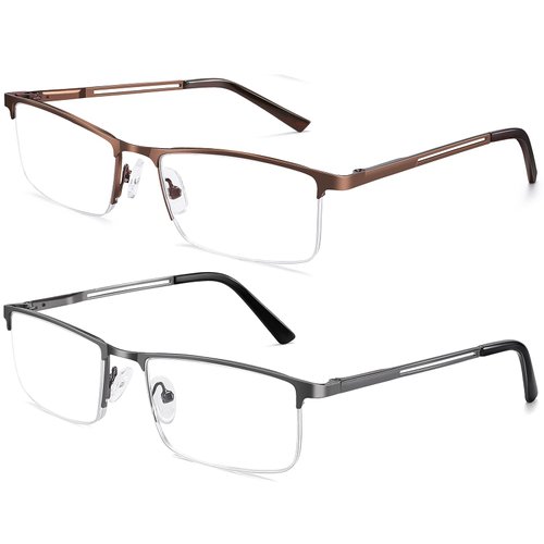 HUYAOPT 2-Pack Blue Light Blocking Reading Glasses Men Women Spring Hinge Computer Reading Glasses Metal Frame (Mixed Color, 1.0