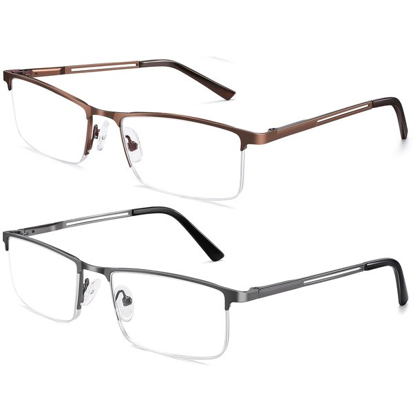 HUYAOPT 2-Pack Blue Light Blocking Reading Glasses Men Women Spring Hinge Computer Reading Glasses Metal Frame (Mixed Color, 1.0