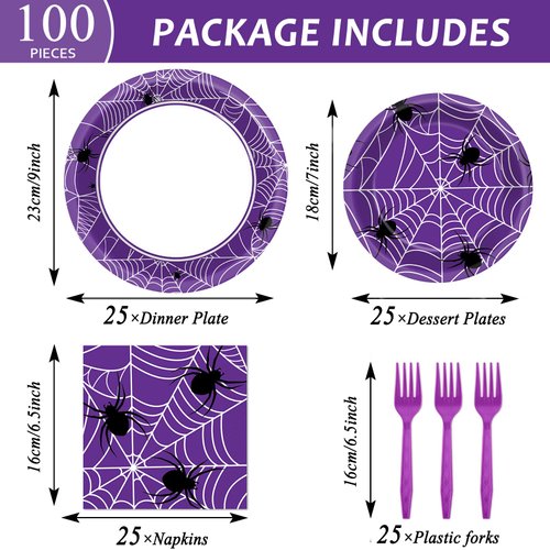 Qyeahkj 100PCS Halloween Spider Web Party Plates and Napkins Halloween Party Supplies Purple Spiderweb Party Tableware Set Halloween Paper Plates for Halloween Theme Party Decor Favors Serves 25r