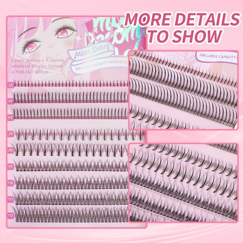 MLEN DIARY Manga Individual Lashes 296 Clusters Lashes 9-13mm Individual Lashes Natural Look DIY Eyelash Extension Kit with Glue