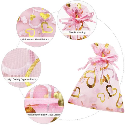 SumDirect 100Pcs 3.5x4.7 inch Sheer Pink Drawstring Heart Organza Favor Gift Bags Wedding Party Christmas Jewelry Pouches