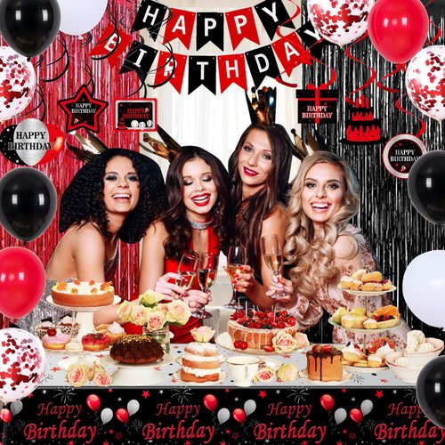 Birthday Decorations Red and Black for Men Women, Happy Birthday Party Decorations for Boys Girls, Red Bday Party Supplies Birthday Tablecloth Balloons Foil Fringe Curtains Hanging Swirls Decor