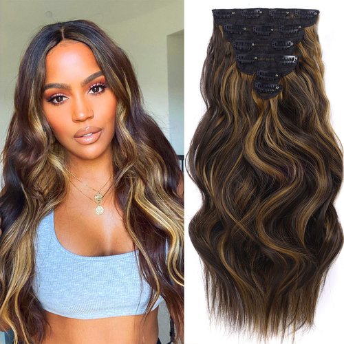ELIO Clip in Hair Extensions, 20 Inch 6PCS Synthetic Long Thick Wavy Hair Clip Ins Extensions Dou...