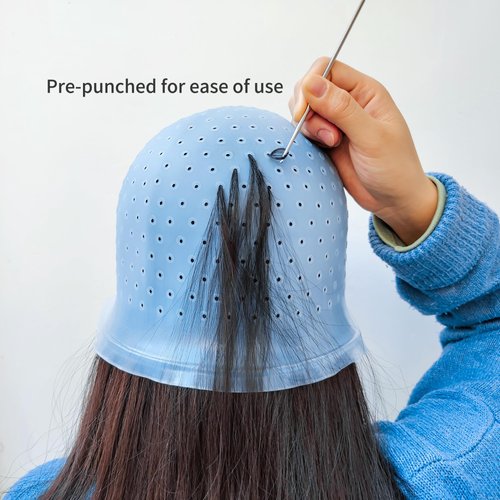 Losaria 9 Pcs Hair Highlighting Kit with Cap Silicone Highlight Cap with Holes Highlighting Cap with Hook Reusable Hair Coloring Dye Cap Highlights Kit for DIY Dyeing Pre Punched Hair Frosting Cap