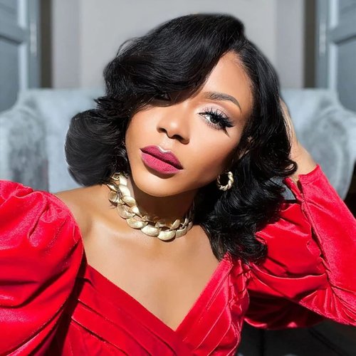 HANNE Short Curly Wigs for Black Women Side Part Ombre color Root Lace Part Short Wigs Curly Heat Resistant Loose Wave Black Women Wigs (Natural Black)