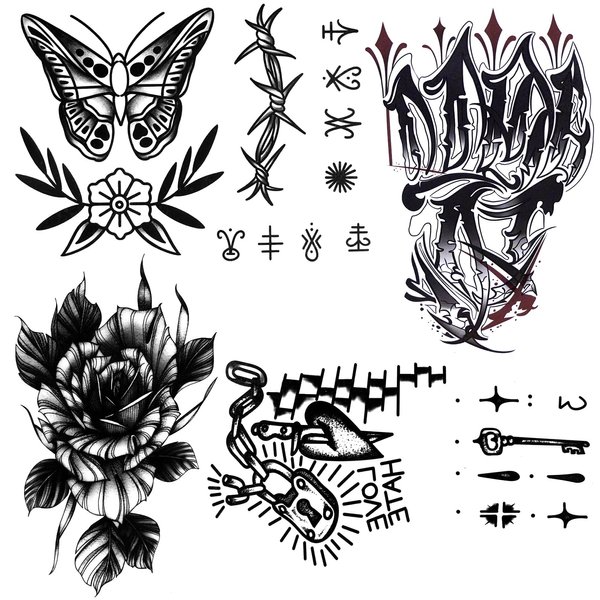 Oottati Waterproof 4 Sheets Back of Hand Fake Temporary Tattoo Stickers, Flower Butterfly Love Hate Chain Halloween