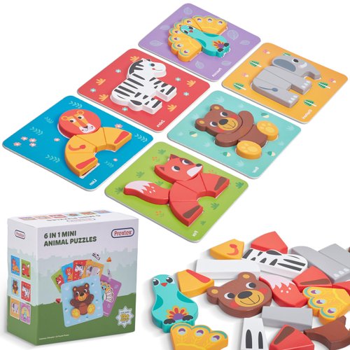 PREXTEX 6-Piece Chunky Animal Puzzle for Toddlers - Zoo Animals Shape Puzzle with Cognitive Cards - Montessori Wooden Puzzle for Kids - Develops Fine Motor Skills, Hand-Eye Coordination - 7.3" x 7.1"