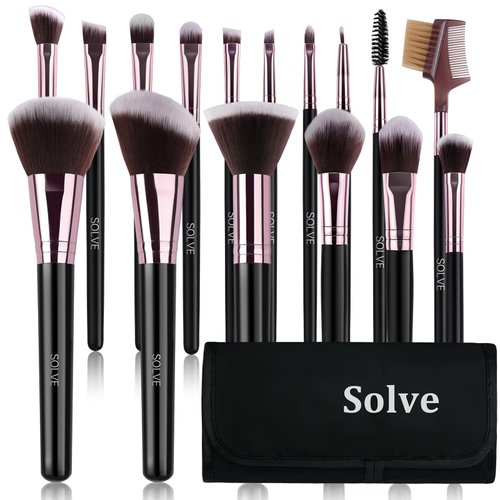 SOLVE Makeup Brushes Set, Professional 16pcs Makeup Brush Set, Softy Synthetic Fiber Travel Make up Brushes Foundation Eyeshadow Brush Set with Wood Handle & Storage Bag（Black&Rose）