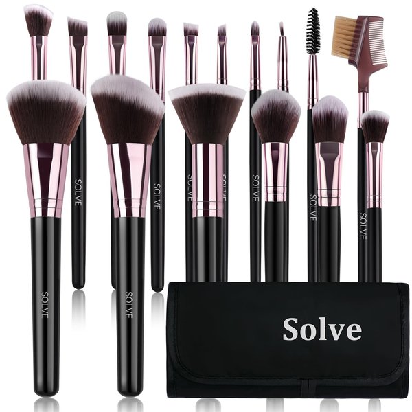 SOLVE Makeup Brushes Set, Professional 16pcs Makeup Brush Set, Softy Synthetic Fiber Travel Make up Brushes Foundation Eyeshadow Brush Set with Wood Handle & Storage Bag（Black&Rose）