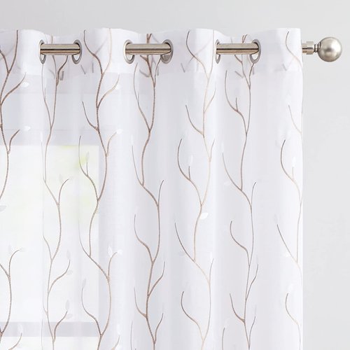 jinchan White Sheer Linen Curtains for Bedroom, 63 Inch Length Floral Embroidered Semi Sheer Privacy Drapes for Living Room Embroidery Voile Transparent Grommet Window Treatments 2 Panels