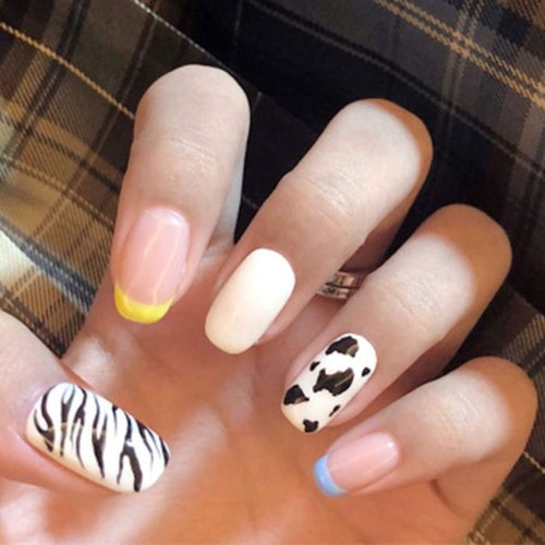Bmadge Cow Press on Nails Glossy Short French Fake Nails Rainbow Cute Artificial Nails Easter Party Festival Full Cover Colorful False Nails Tips for Women and Teen Girls 24Pcs (Style H)