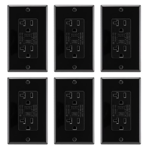 Asani 20 Amp GFCI Outlet with Matching Wall Plates, 6 Pack, 20A/125V 5-20R, Black Tamper-Resistant GFI Receptacle Set, ETL Listed Ground Fault Circuit Interrupter, Easy-Install