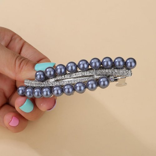 Xerling Pearl French Barrettes Hair Clip Automatic Hair Accessories Hair Spring Clips Rhinestone Hair Piece for Women (Gray)