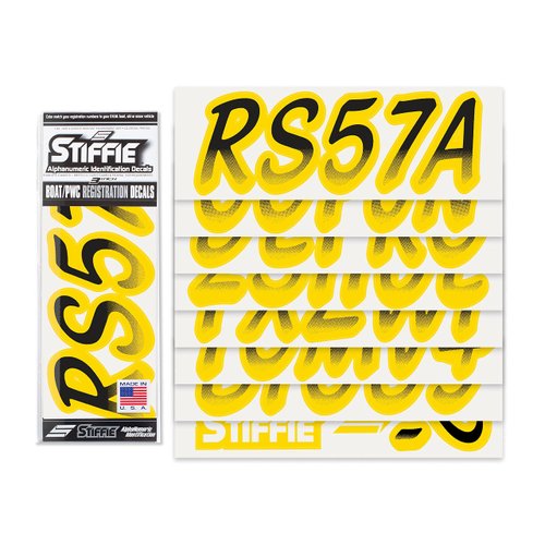 STIFFIE Whipline Black/Yellow 3" Alpha-Numeric Registration Identification Numbers Stickers Decals for Boats & Personal Watercraft