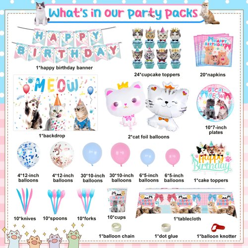 HJINGY Cat Birthday Party Supplies, Cat Birthday Party Decorations for Girls/Boys with Cat Balloons, Cat Backdrop, Tablecloth, Cat Birthday Banner, Cake Toppers, Cat Party Plates Napkins etc