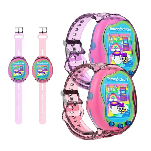 DZHAXIE Wristband for Tamagotchi Uni [2Pack], TPU Bracelet Holder Compatible with Tamagotchi Uni, Adjustable TPU Protective Tamagotchi Uni Case for Kids Teen Adults 6.3-8.85" (Purple+Pink)