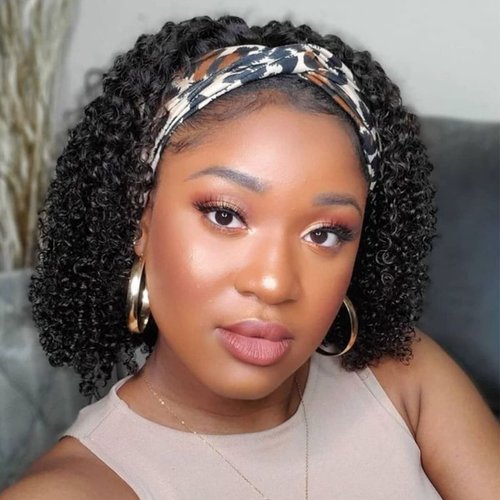Short Curly Headband Wigs Human Hair Wig for Black Women, Glueless Kinky Curly Weave Wigs 100% Unprocessed Hair None Lace Front Wigs Color 1B 150% Density (10", 1B, Curly)